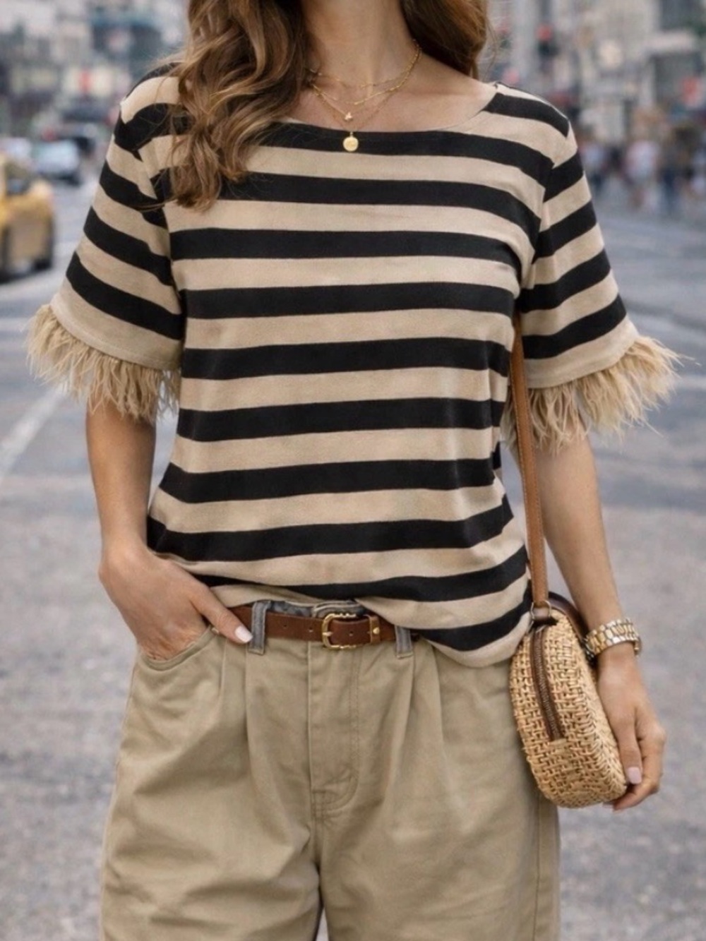 J. Crew Black and Beige Striped Tee with Feather Sleeve Detail